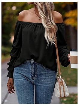 OYOANGLE Women's Off Shoulder Ruched Long Sleeve Blouse